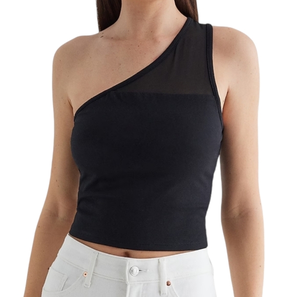 Express Body Contour One Shoulder Cropped Tank Top Womens XL Black Stretch Mesh - Picture 5 of 6